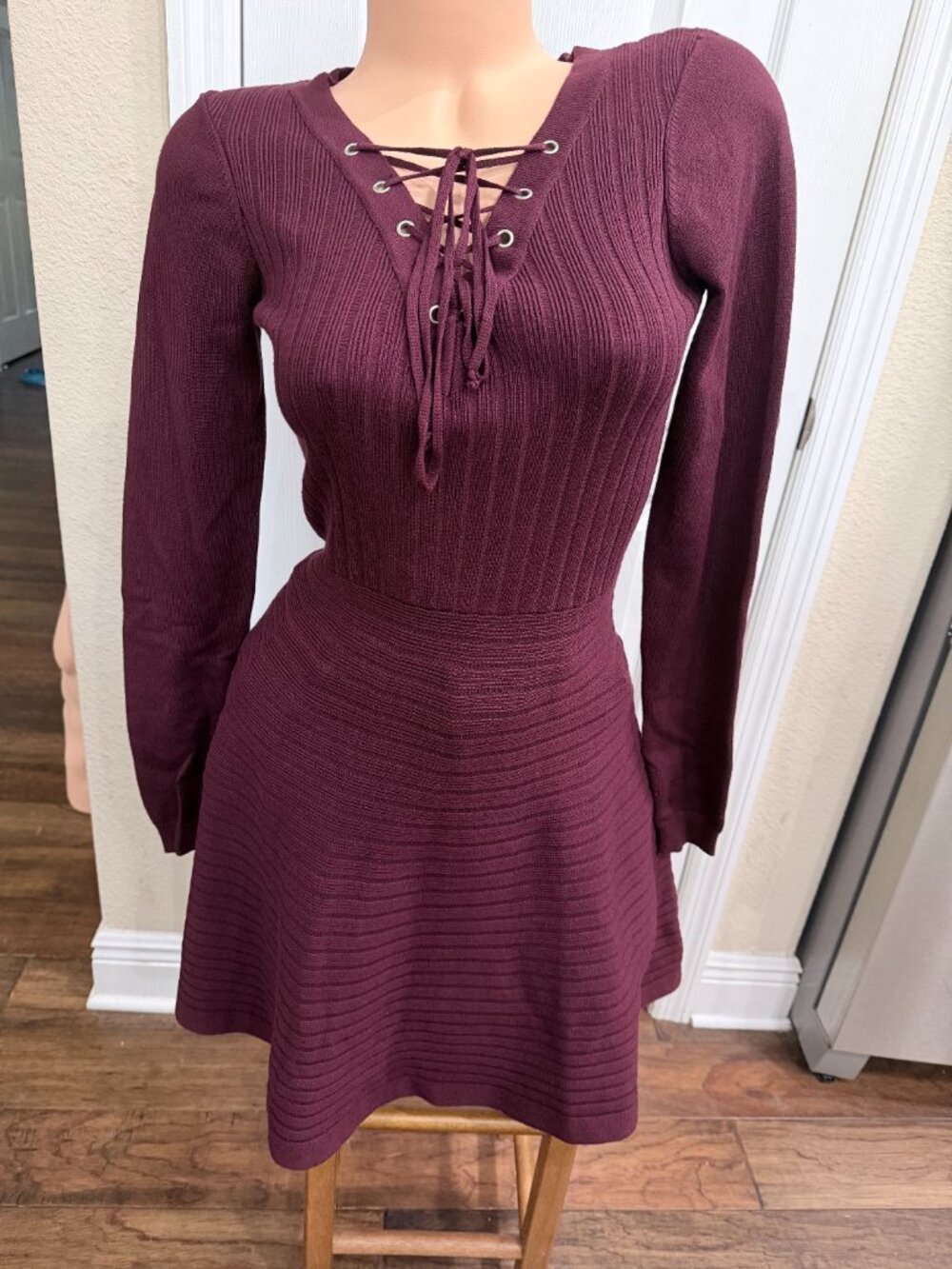 Nina Leonard Burgundy Rib Knit Lace Up Fit & Flare Sweater Dress Small